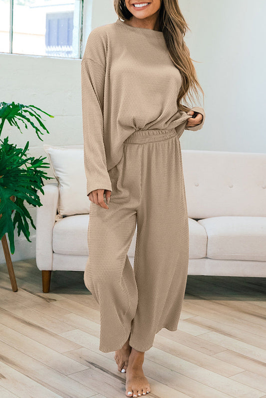 Khaki Waffle Loose Textured Pullover and Pants Outfit