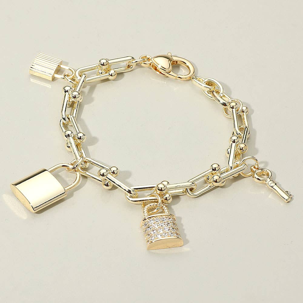 14K Gold Plated Stone Paved Lock Key Charm Station Industrial Chain Link Bracelet