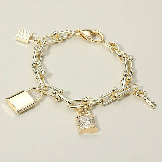 14K Gold Plated Stone Paved Lock Key Charm Station Industrial Chain Link Bracelet