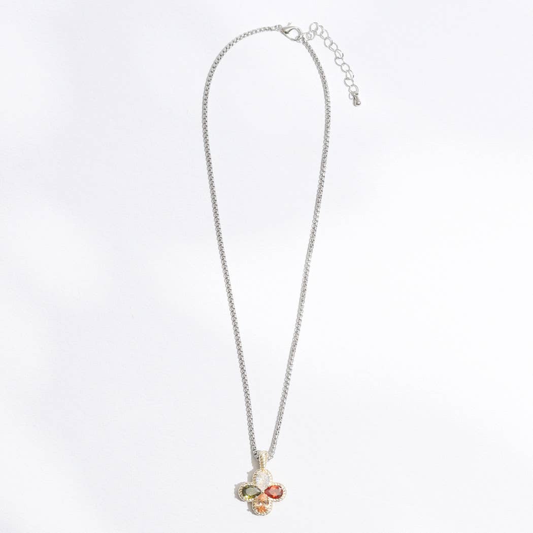 Gold Tone Clover Colored Rhinestone Necklace