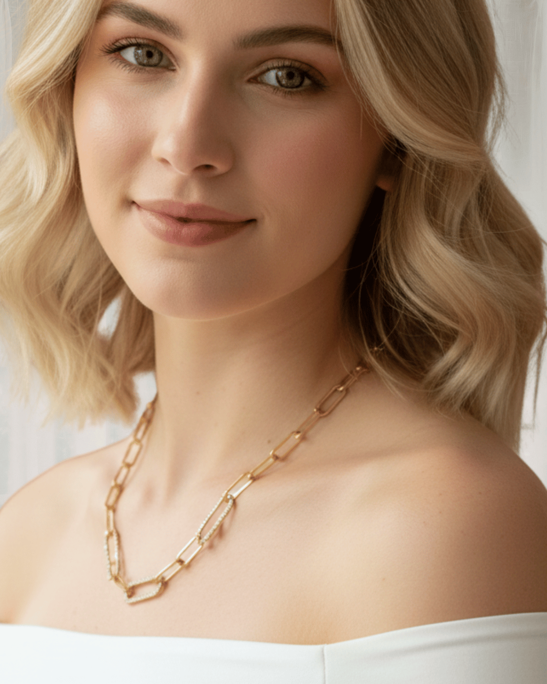 Zirconia Gold Paperclip Necklace & Bracelet Set
