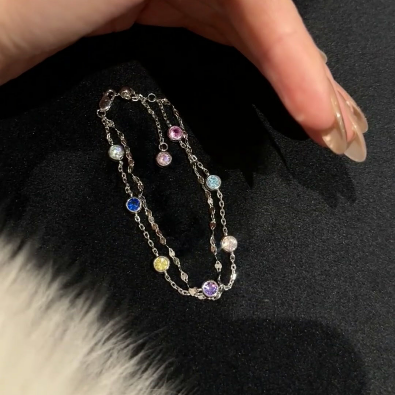Rainbow Color Stone Double Chain Bracelet in Solid Copper