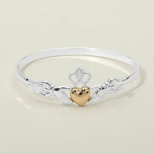 Two Tone Irish Claddagh Heart Crown Bangle Bracelet