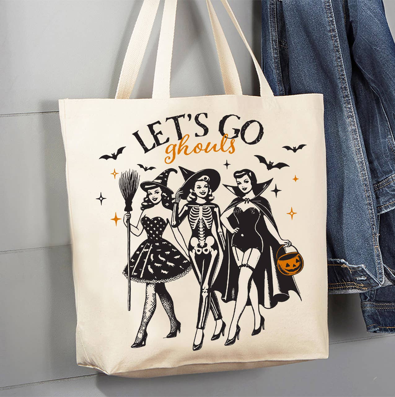 Halloween Retro Let's Go Ghouls Canvas Tote Bag