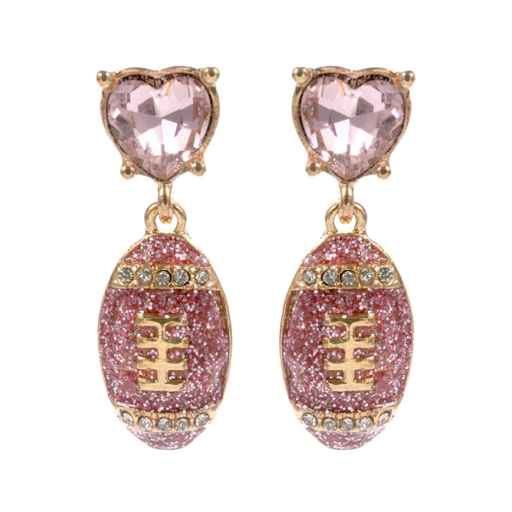 Heart Stone Accent Glitter Football Dangle Earrings