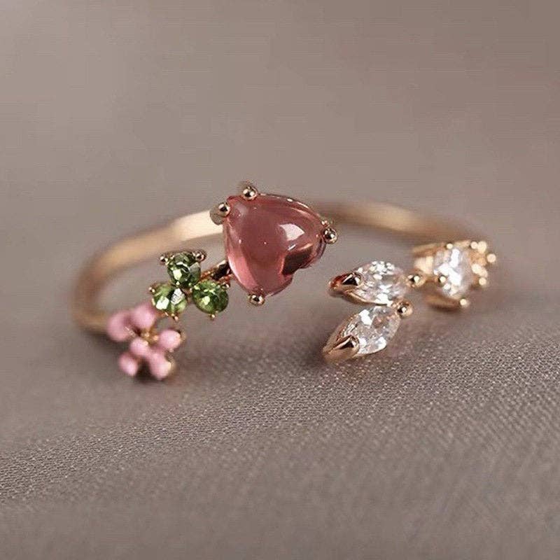 Pink Red Heart Flower Stacking Bypass Ring in Solid Copper