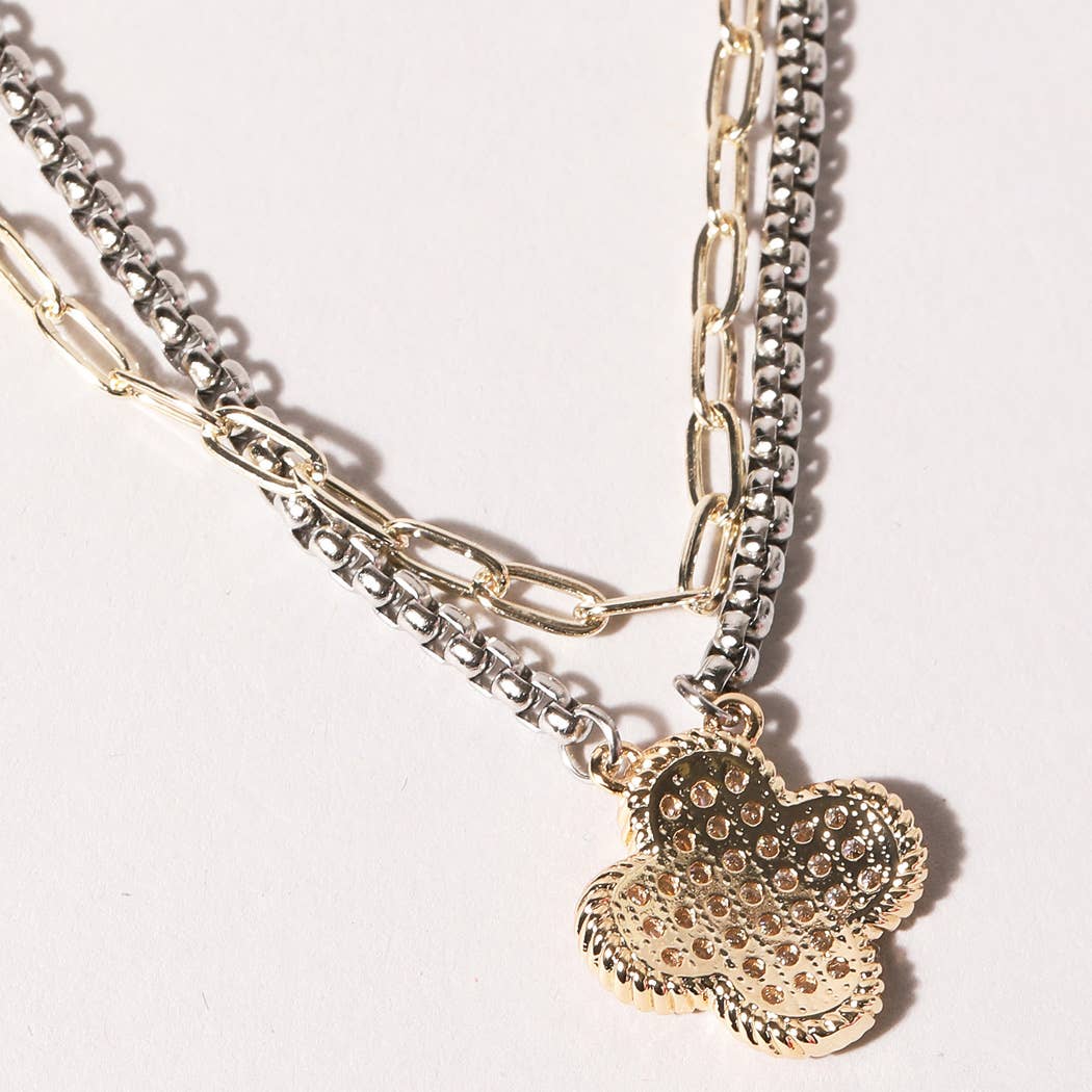 Pave Clover Double Chain Necklace