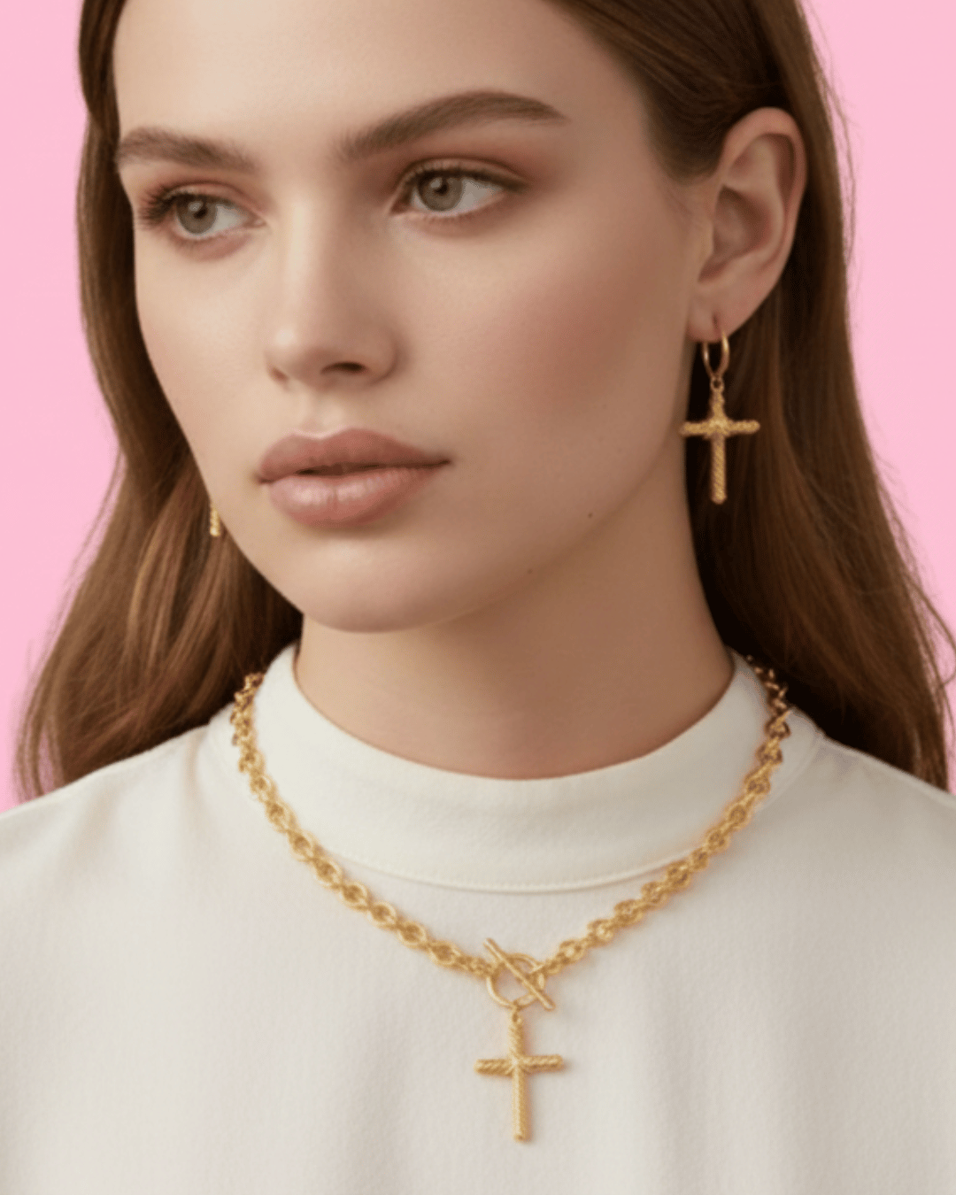 Gold Boho Cross Necklace with Earring Set