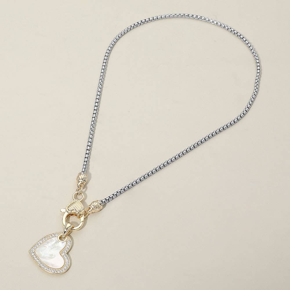 14K Gold Plated Two Tone Stone Paved Mother of Pearl Heart Pendant Necklace