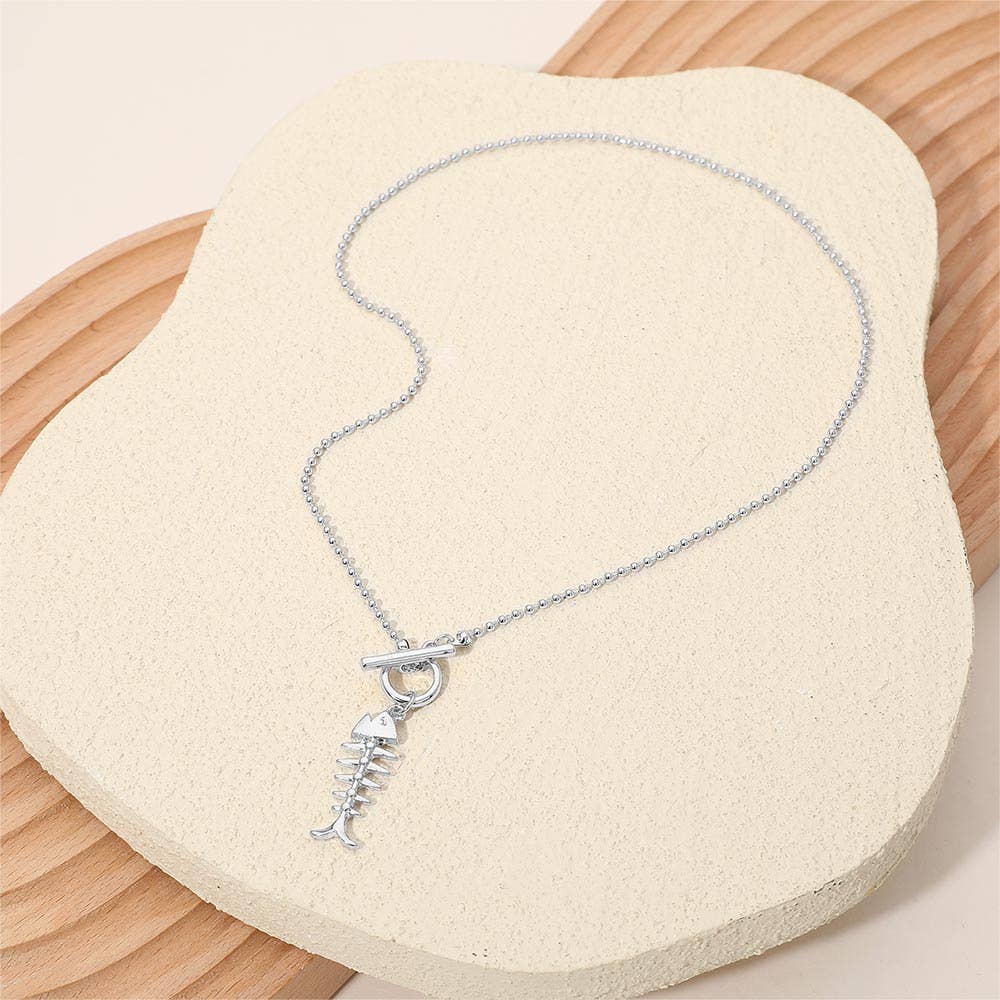Metal Fishbone Toggle Pendant Beaded Chain Necklace