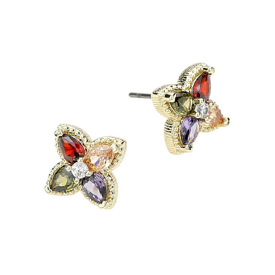 14K Gold Plated Colorful Stone Clover Stud Earrings