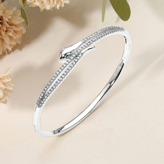 Stainless Steel Rhinestone Pave Sleek Snake Hinged Bangle Bracelet