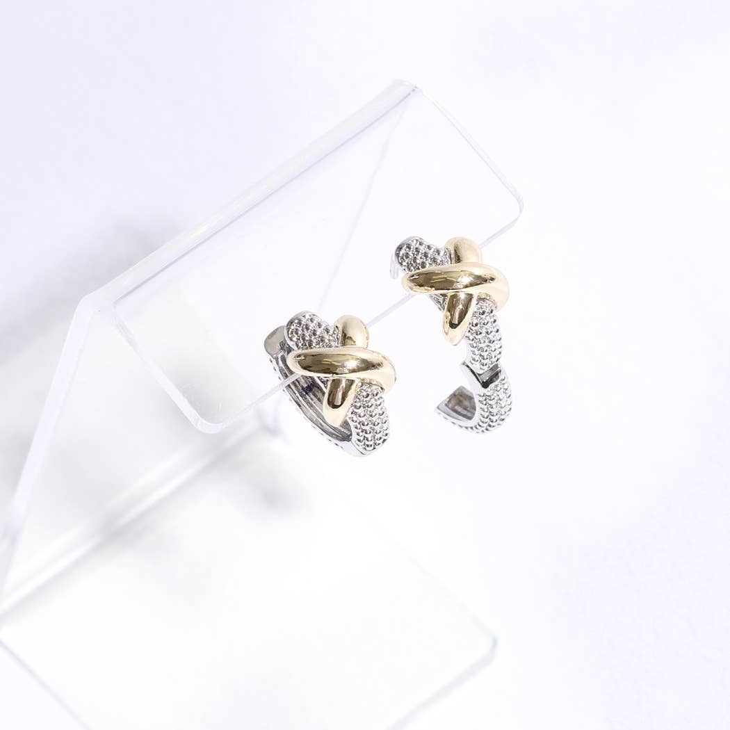Criss Cross Silver Gold Pave Huggie Earrings