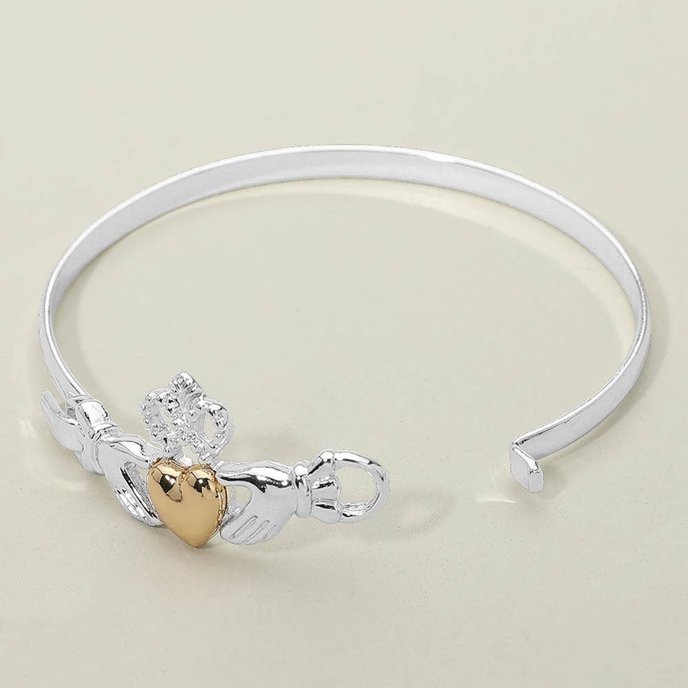 Two Tone Irish Claddagh Heart Crown Bangle Bracelet