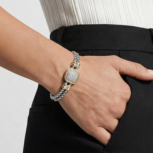Two-Tone Box Chain Square Pave Magnetic Bracelet