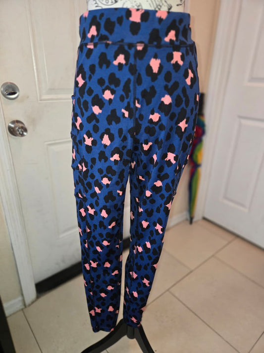 Pop Fit Blue Leopard Print Leggings with Side Pockets – Size Large