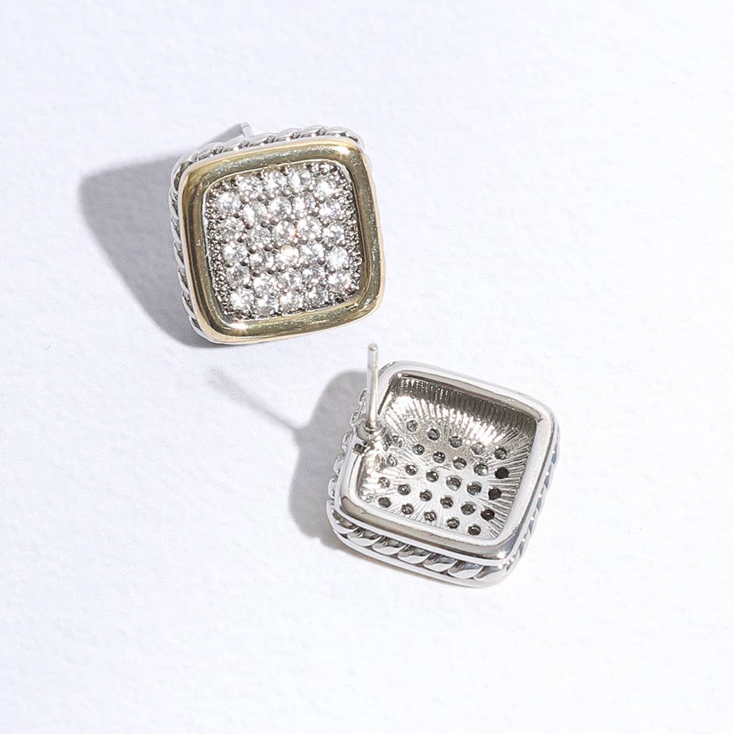 Two-Toned Square Pave Post Earrings