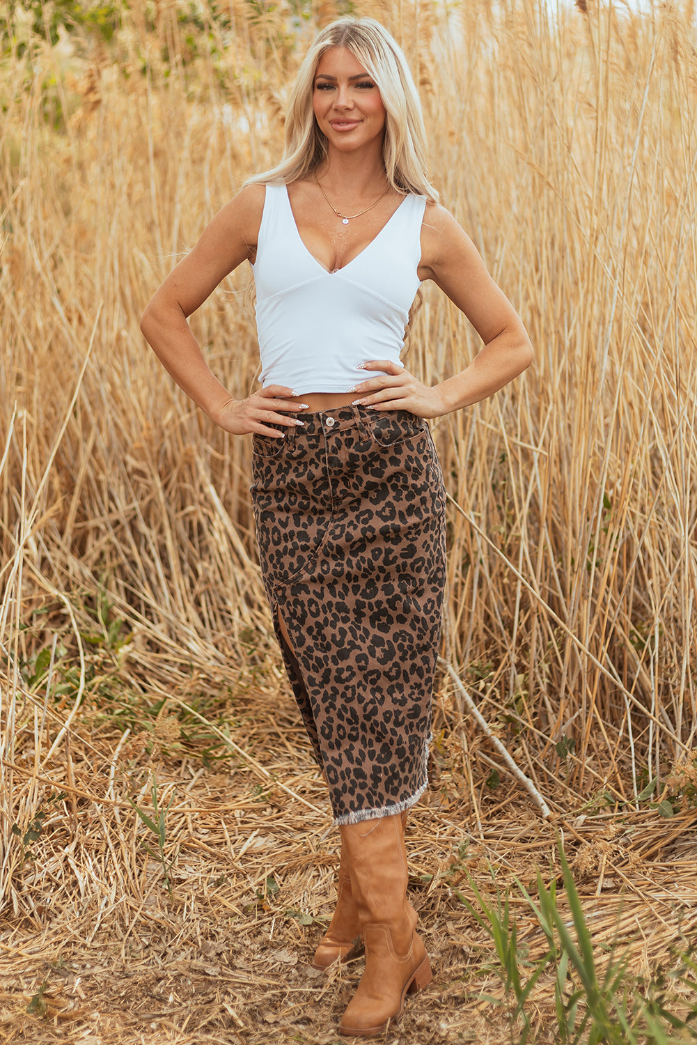 Brown Leopard Denim Frayed Split Denim Midi Skirt