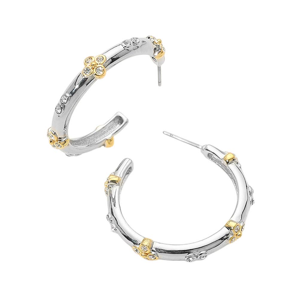 Two Tone Crystal Floral Accent Hoop Earrings
