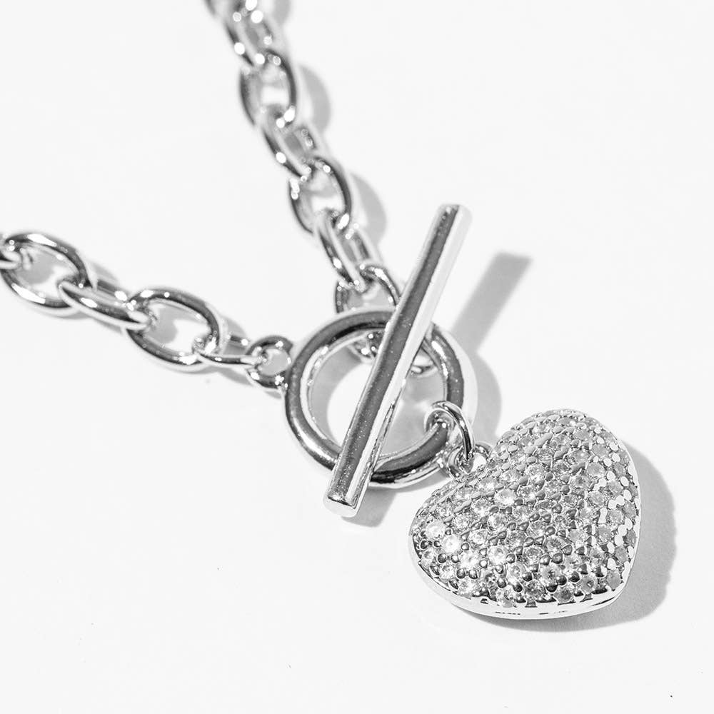 Gold Dipped Chunky Chain CZ Stone Paved Puff Heart Toggle Pendant Necklace