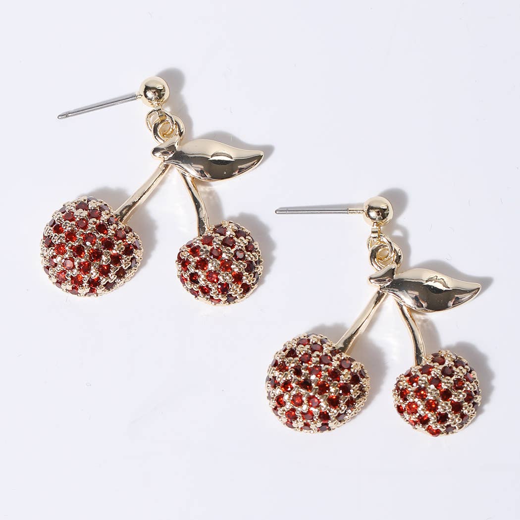 Gold Plated Pave Cherry's Stud Post Earrings