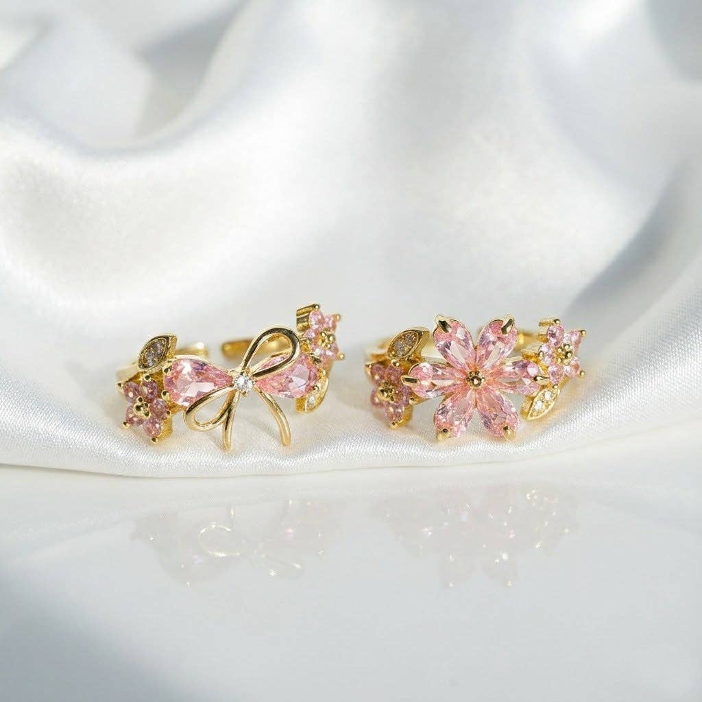Pink Bow Knot Flower Leaf Adjustable Ring in Solid Copper