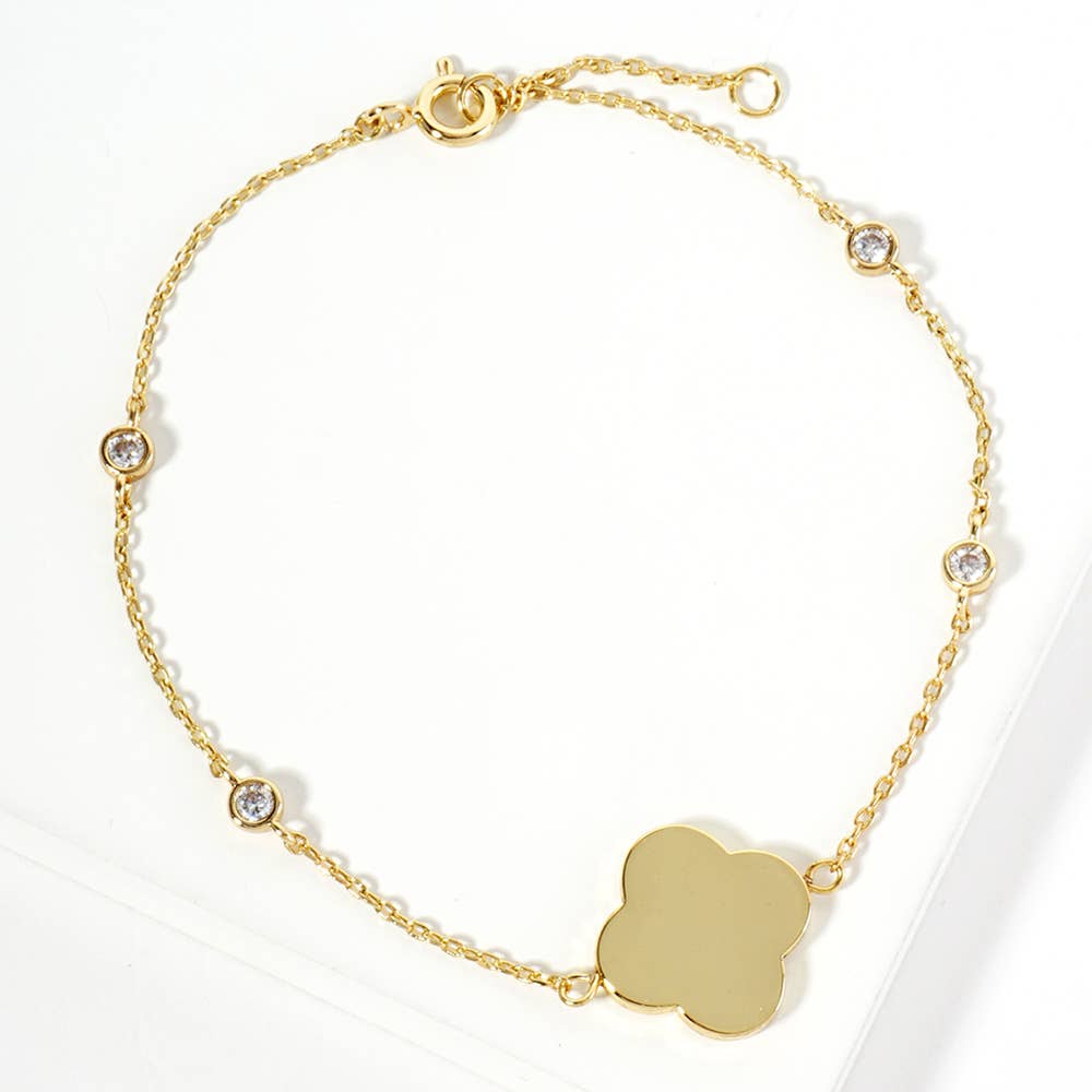 Gold Dipped Quatrefoil Charm Accent Bezel Link Chain Bracelet