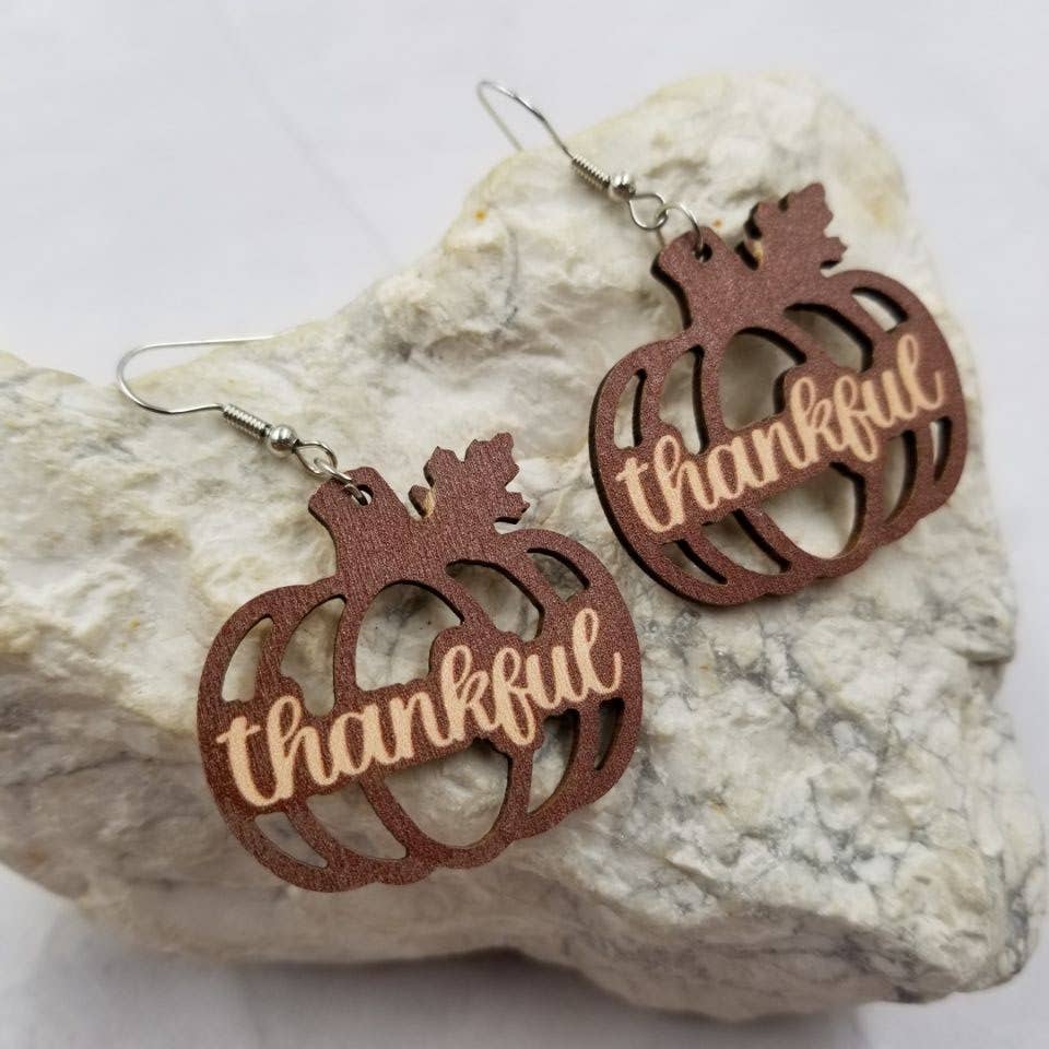 Thankful Pumpkin Wooden Earrings