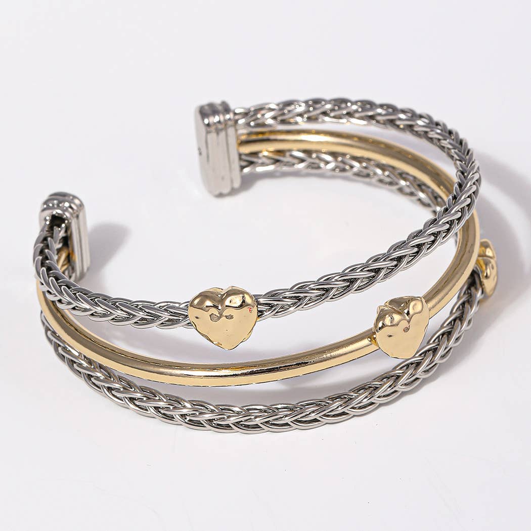 Heart 3 Layer Two-Tone Braided Cuff Bracelet