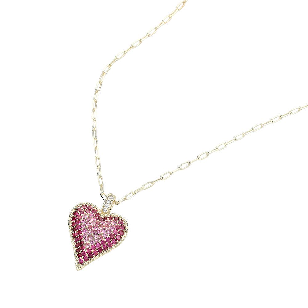 14K Gold Plated Stone Paved Heart Paperclip Chain Pendant Necklace