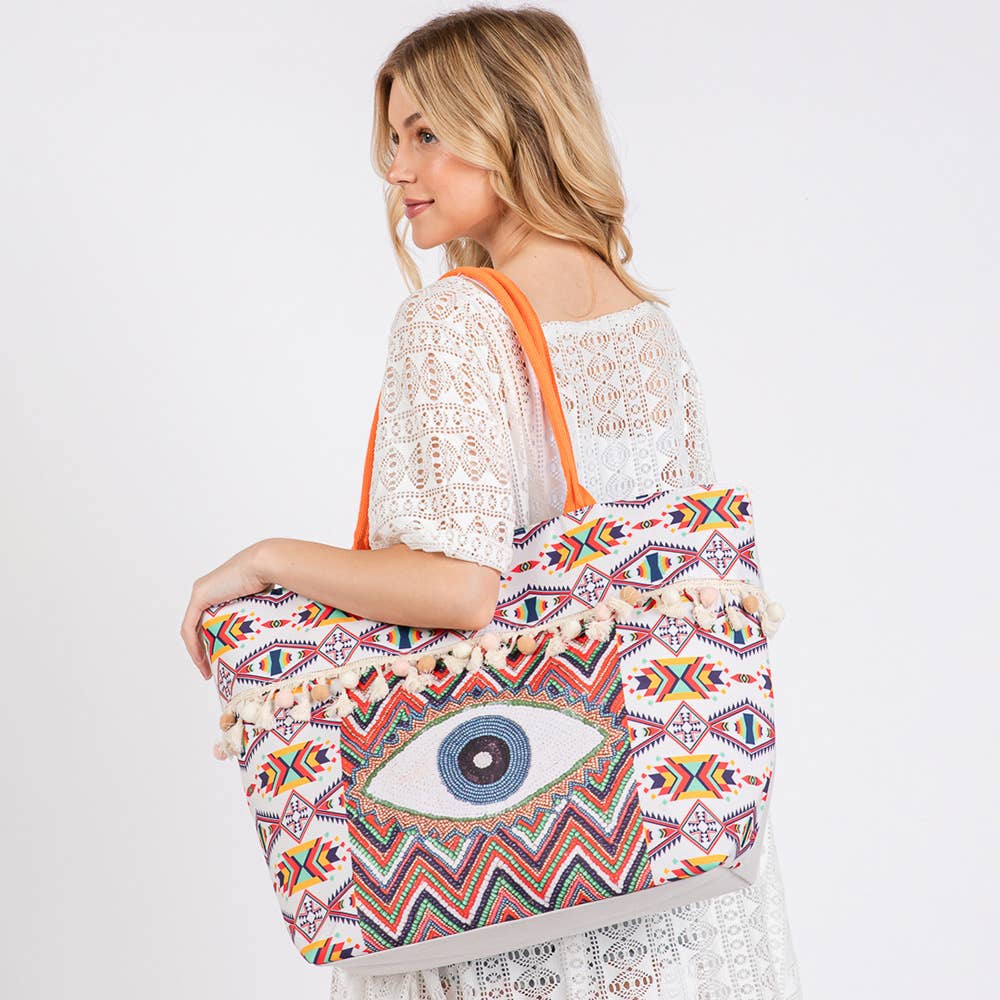 Evil Eye Boho Print Pom Pom fringe Tote Bag