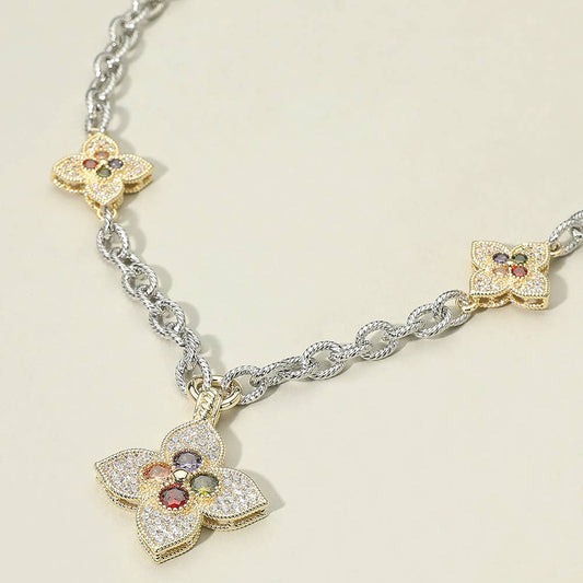 14K Gold Plated Stone Embellished Clover Pendant Station Necklace