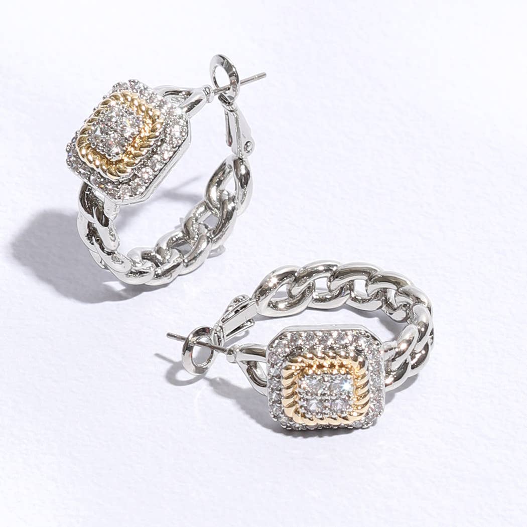 Square Pave 2T Hoop Earrings