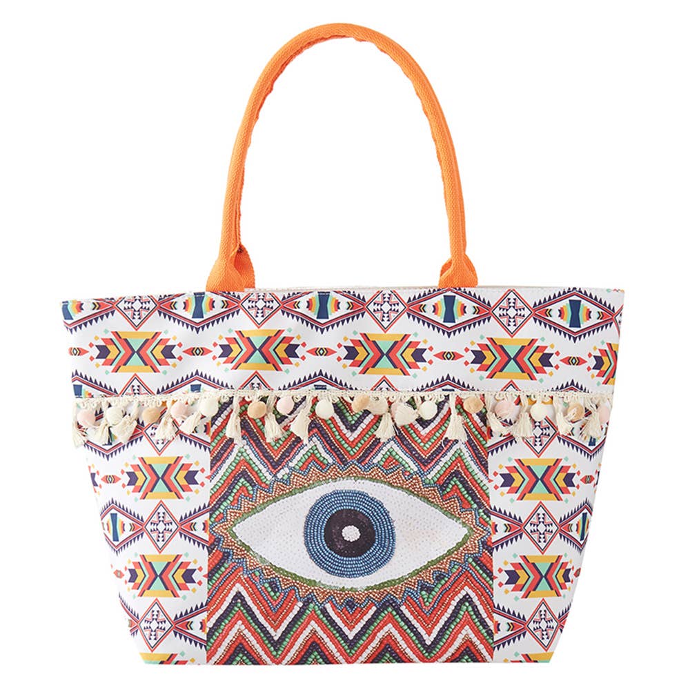 Evil Eye Boho Print Pom Pom fringe Tote Bag