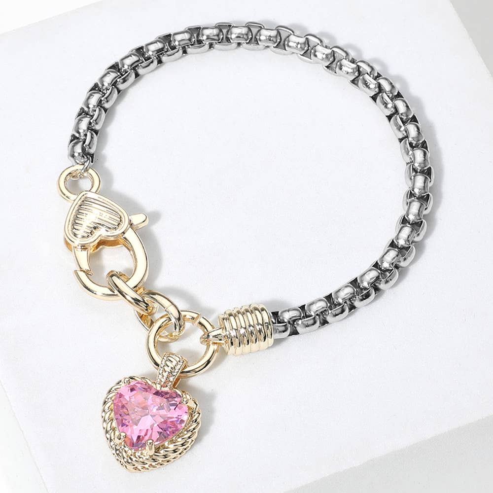 Two Tone Stone Heart Charm Bracelet