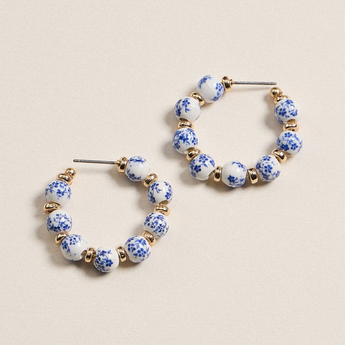 Ceramic Gold and Blue Beaded Hoop Earrings