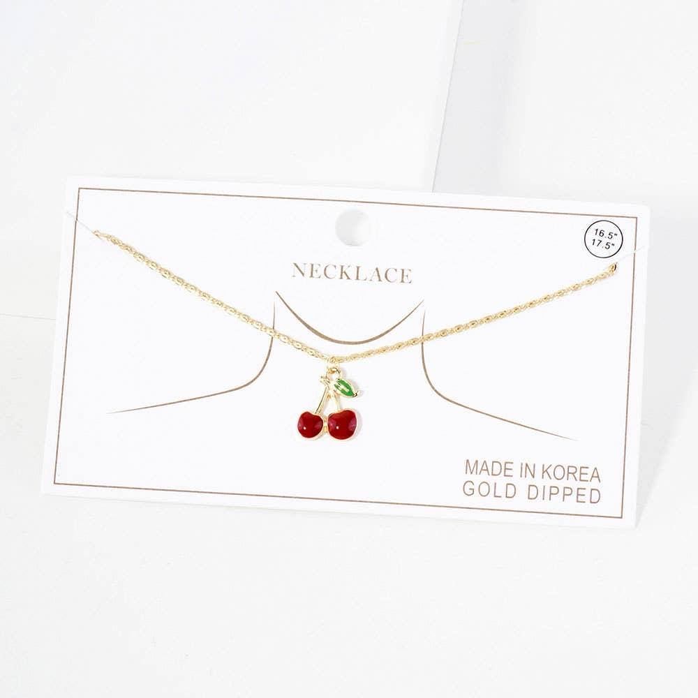 Gold Dipped Enamel Cherry Pendant Necklace