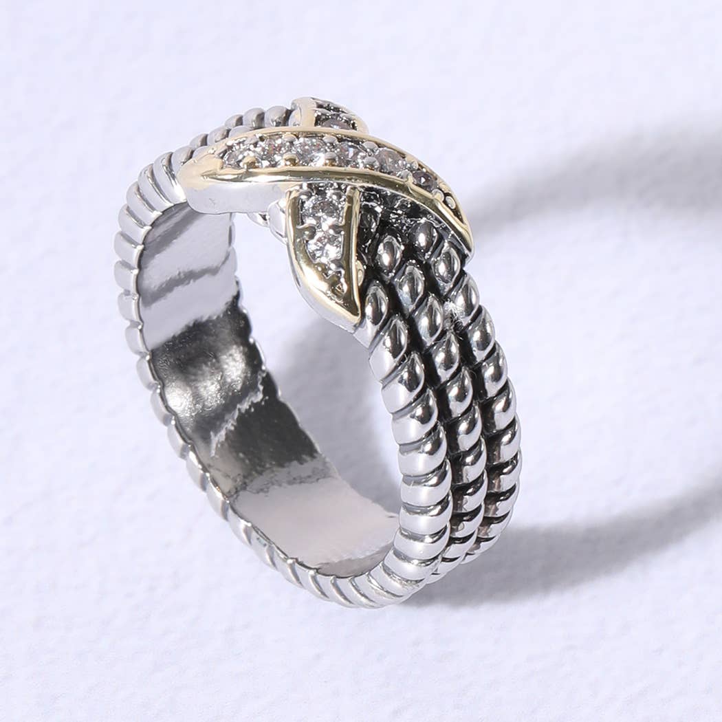 X Tripe Cable Silver Gold Stones Ring