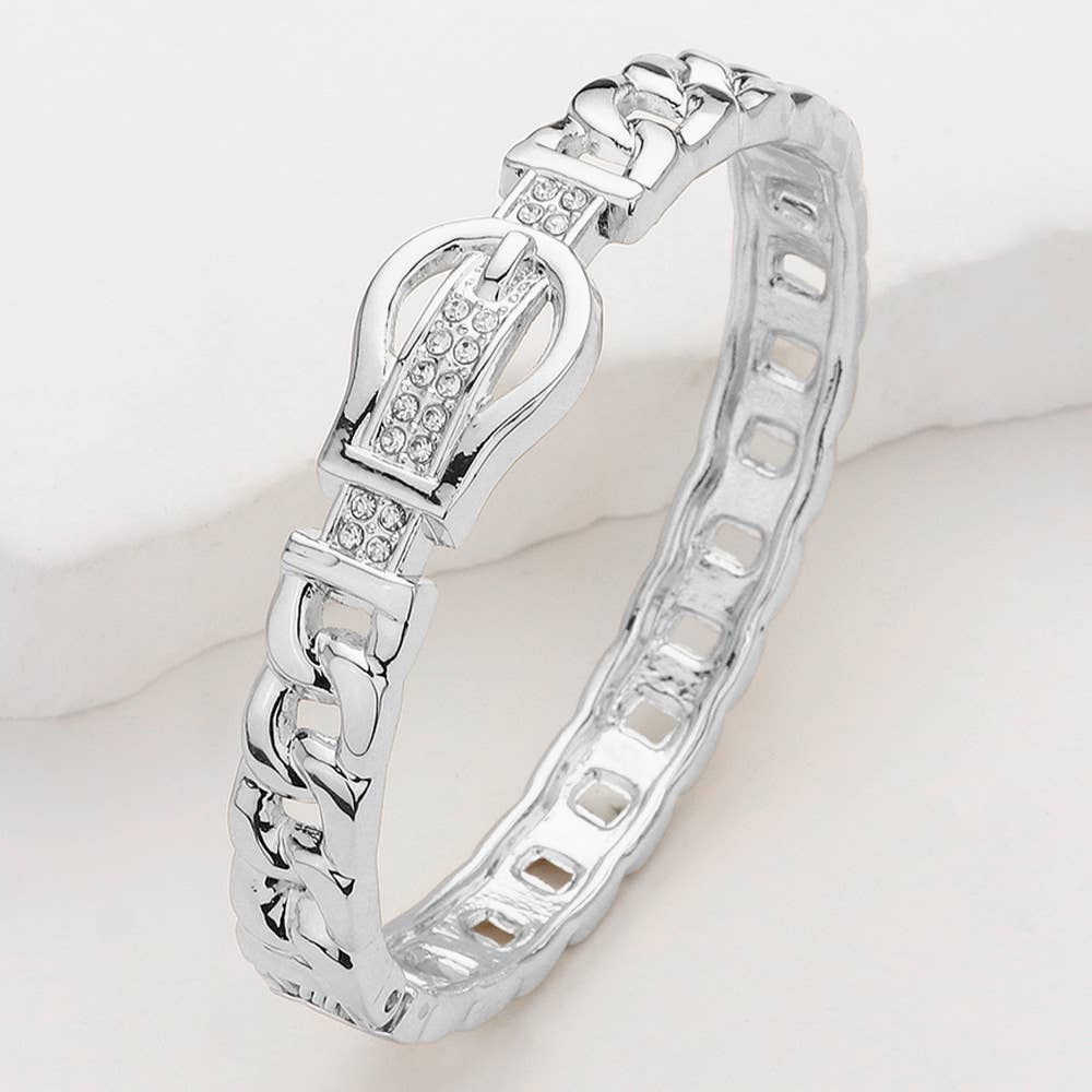 Stone Paved Belt Buckle Accented Cuban Chain Bangle Bracelet
