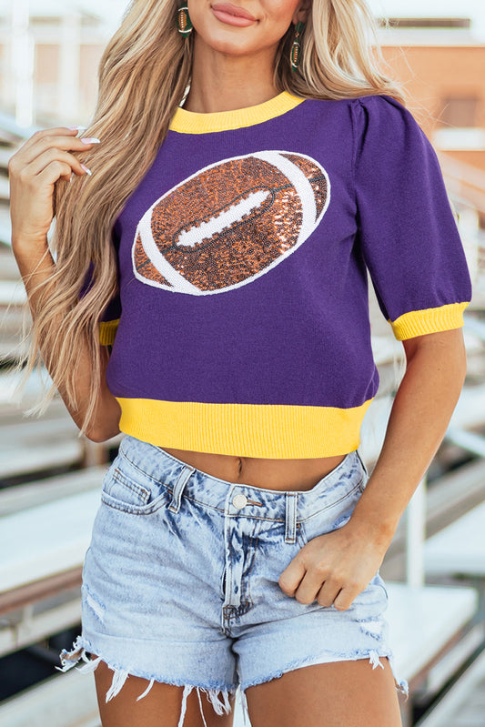Purple Sequin Football Color Block Puff Short Sleeve Sweater