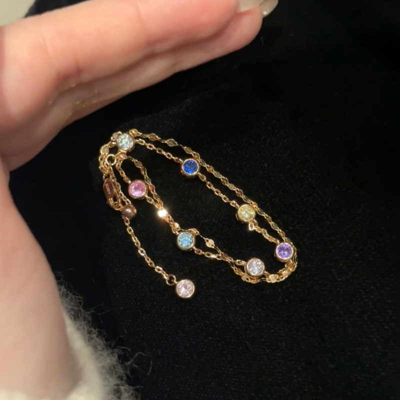Rainbow Color Stone Double Chain Bracelet in Solid Copper