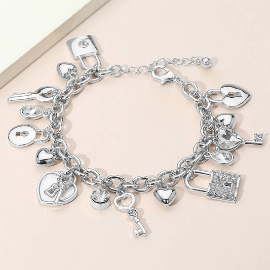 Heart Key and Lock Charm Station Bracelet
