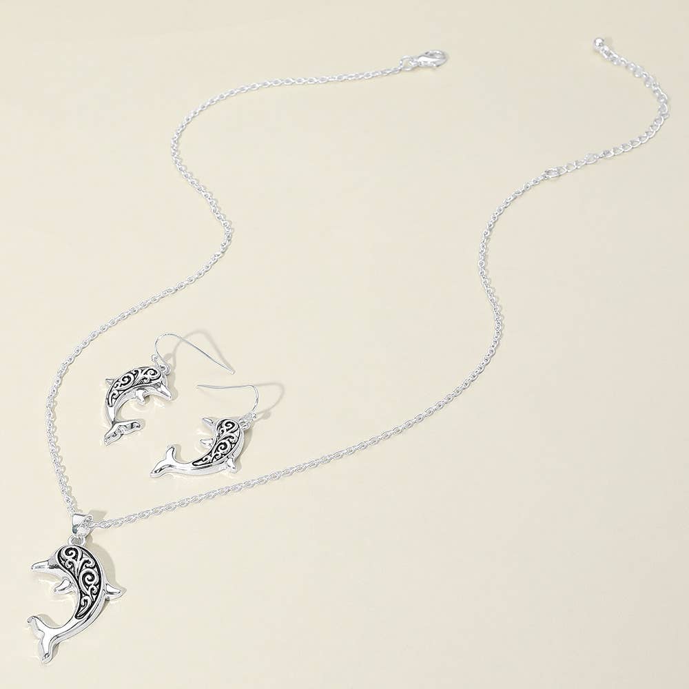 Antique Metal Dolphin Pendant Necklace