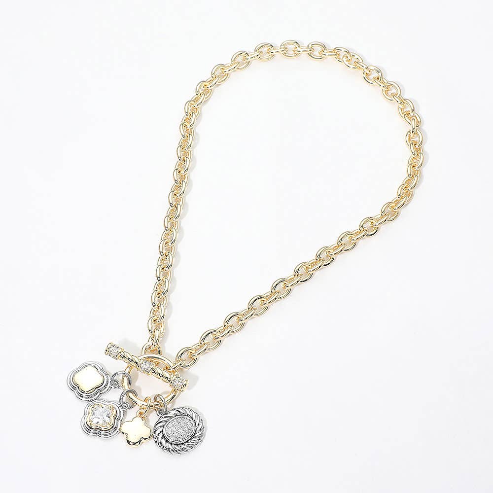14K Gold Plated Two Tone Quatrefoil Oval Multi Charm Toggle Necklace