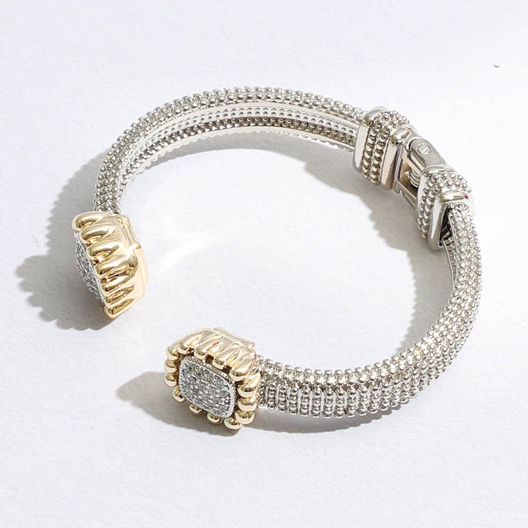 Two Tone Square Pave Edge Cuff Bangle Bracelet