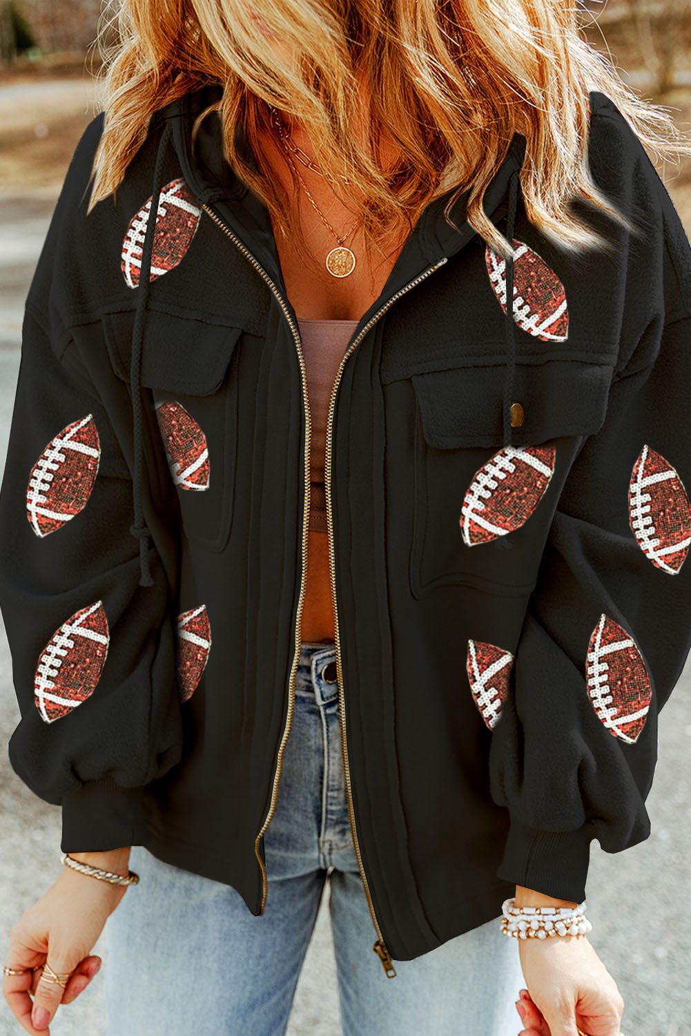 Black Sequined Football Pattern Pocketed Zipper Hooded Jacket
