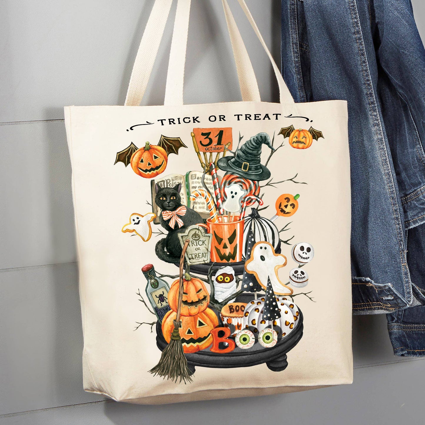 Halloween Trick or Treat 2 Tier Tray 12 oz Canvas Tote Bag