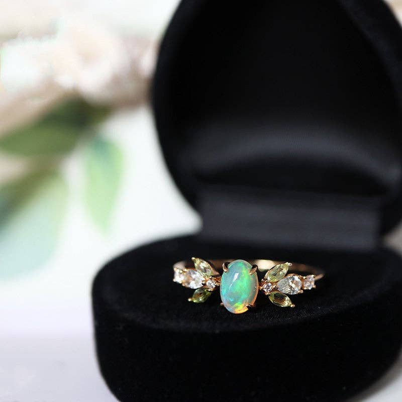 Dainty Gold Opal Leaf Stacking Band Ring