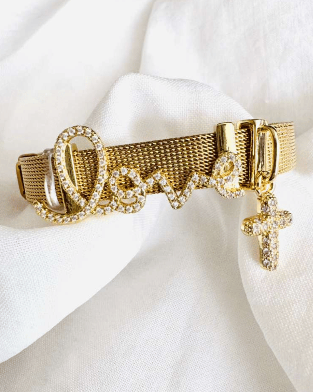 Faith Crystal Studded Love, Cross Drop Charm Gold Bracelet
