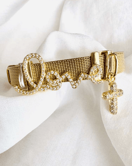 Faith Crystal Studded Love, Cross Drop Charm Gold Bracelet